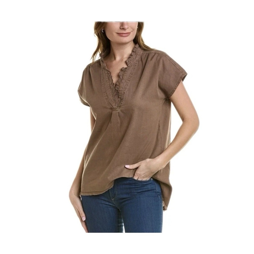 XCVI Wearables Idra Ruffle Neck Linen Blend Top Faded Brown Blouse Womens XS